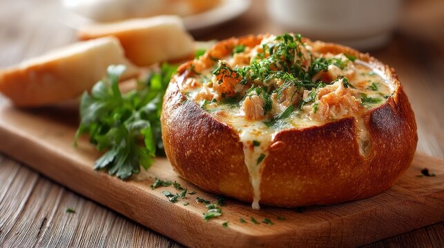 A hearty serving of seafood chowder is nestled inside a warm, crusty bread bowl. Topped with fresh herbs, the dish invites diners to enjoy a comforting meal, perfect for chilly days