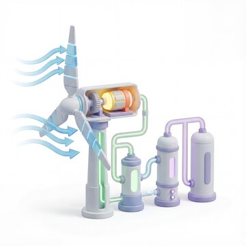 Sustainable energy production illustration of wind turbine powering hydrogen production