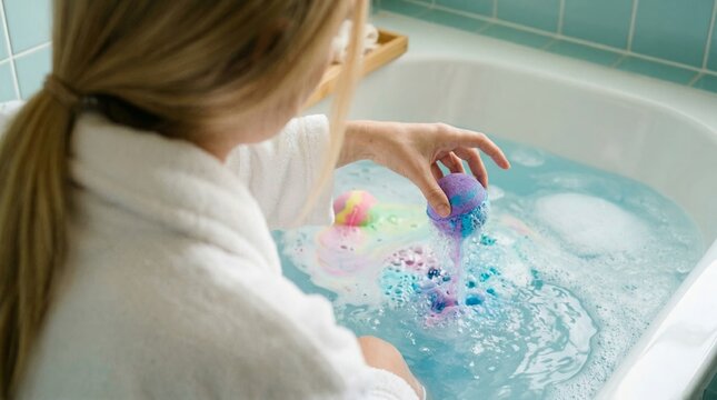 Hands Placing Vibrant Purple Fizz Ball Into Bubbly Bathtub Water Creating Colors