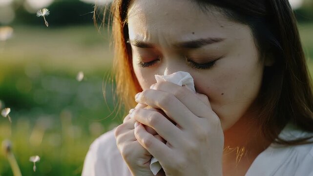 Sneezing in the pollen-filled field during allergy season and trying to find relief