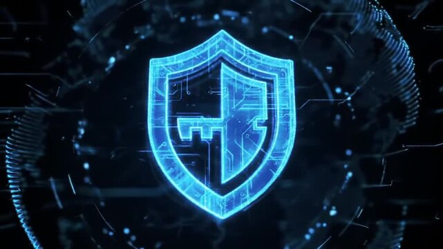 Digital security shield with glowing blue key.