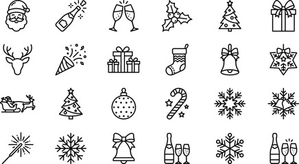 Christmas winter holiday celebration thin line icon vector set featuring santa claus reindeer snowflake champagne gift tree sparkler and ornament decorative elements © Suchana