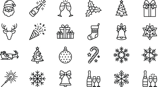 Christmas winter holiday celebration thin line icon vector set featuring santa claus reindeer snowflake champagne gift tree sparkler and ornament decorative elements