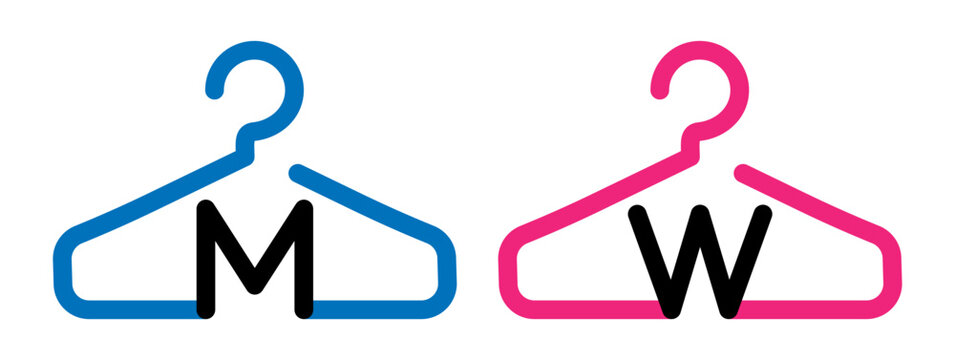 Changing room pictograms with hanger outline icons and M W labels. Wayfinding symbols for wardrobe, cloakroom or fitting area in retail, fitness, spa and public interiors. 