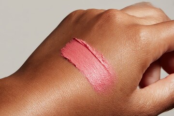 Fototapeta premium Hand Medium Brown Skin Tone Creamy Pink Cosmetic Swatch Satin Metallic Finish Beauty Product Photography
