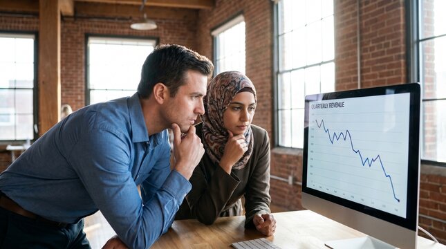 Focused business professionals intently analyze a sharp downward trend on their monitor, collaboratively strategizing to overcome financial challenges and improve performance in their modern office