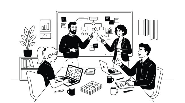 Business team meeting with laptops and whiteboard