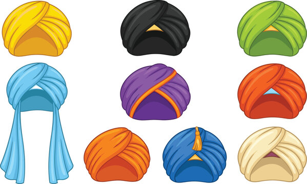 Traditional turban headwear accessory vector set featuring colorful sikh and arab style head wraps with dastar pagri tassels and long fabric drapes