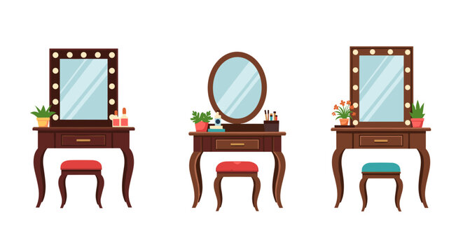 Collection of three elegant dressing tables featuring illuminated mirrors and comfortable stools, showcasing diverse designs for beauty routines and personal grooming in a stylish home setting