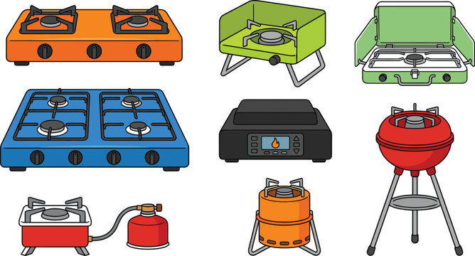Portable camping stove and gas cooker vector set featuring outdoor cooking equipment including butane burners propane cylinders induction cooktops and portable grills