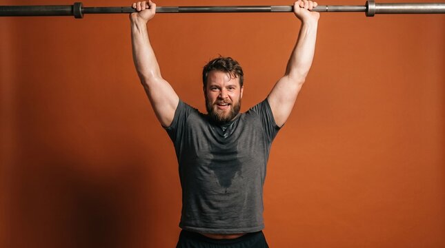 A muscular Caucasian man with a beard lifts a barbell overhead in a gym setting. He wears a gray t-shirt and appears focused and determined.