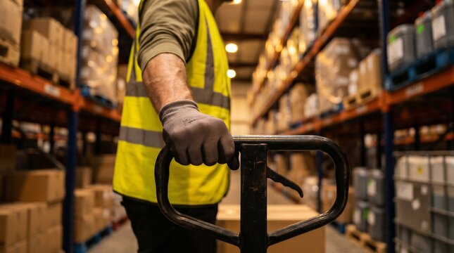 Warehouse worker in a high visibility vest pulling a pallet jack through a busy storage aisle filled with boxes and inventory, close up.
