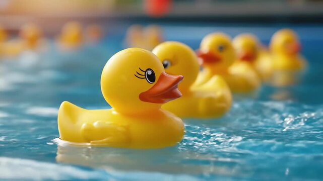 Bright yellow rubber ducks floating in a sunlit pool with bokeh effect