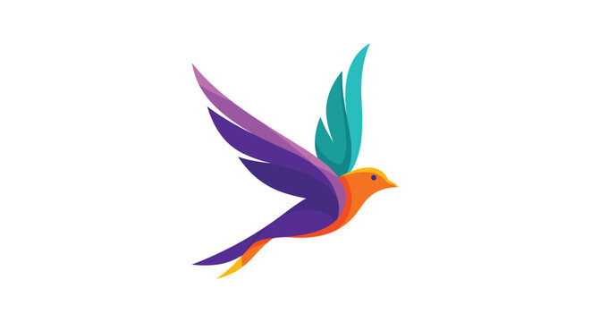 Vibrant multi colored bird logo featuring layered wings in purple teal and orange flying upwards for creative media or travel agency.
