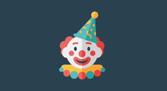 Colorful clown face icon with a party hat red hair and a big smile set against a dark blue solid background for circus themes.