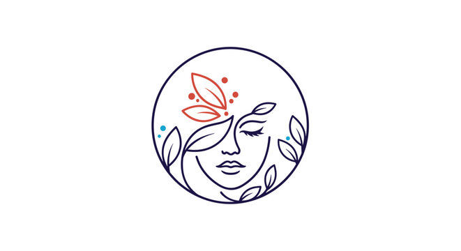 Minimalist line art of a female face profile with decorative autumn leaves and berries within a circular frame on white background.