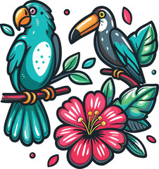 Fototapeta premium Tropical birds and hibiscus flower vibrant vector illustration on white background