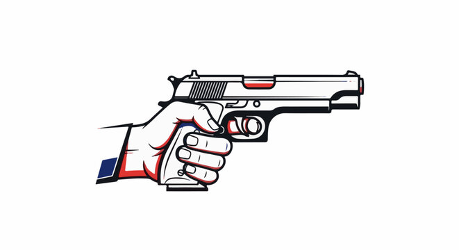 Stylized hand gripping a handgun with red, white, and blue accents