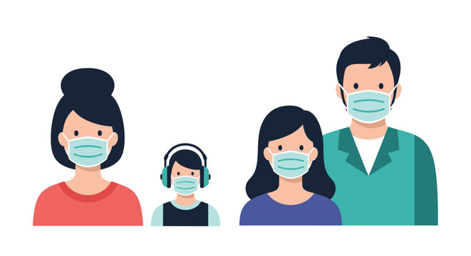 Family of four with parents and children wearing protective medical masks to maintain health and safety during a pandemic outbreak.