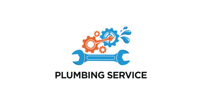 Professional plumbing service logo design featuring a large wrench with blue and orange gears and refreshing water droplets above.