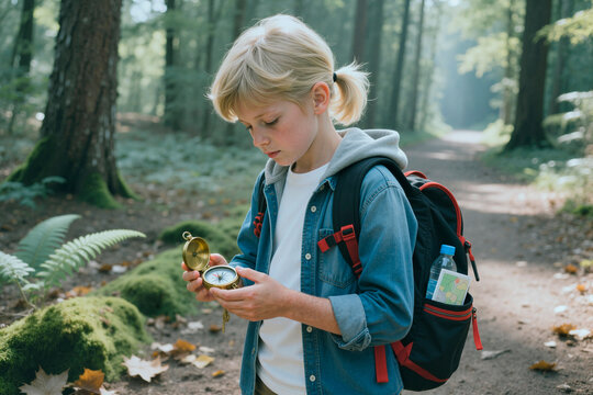 Caucasian child holding compass and navigating forest trail with backpack, exploring outdoor learning and independence. Useful for education, scouting, travel, survival concepts