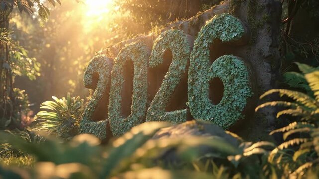 Green 2026 in lush forest lighting with sunlight and vibrant foliage. Happy New Year 2026