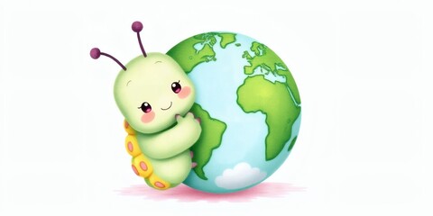 Fototapeta premium Adorable fluffy caterpillar hugging planet Earth in pastel crayon drawing style with textured wax effect, cute eco friendly children illustration AI artwork.