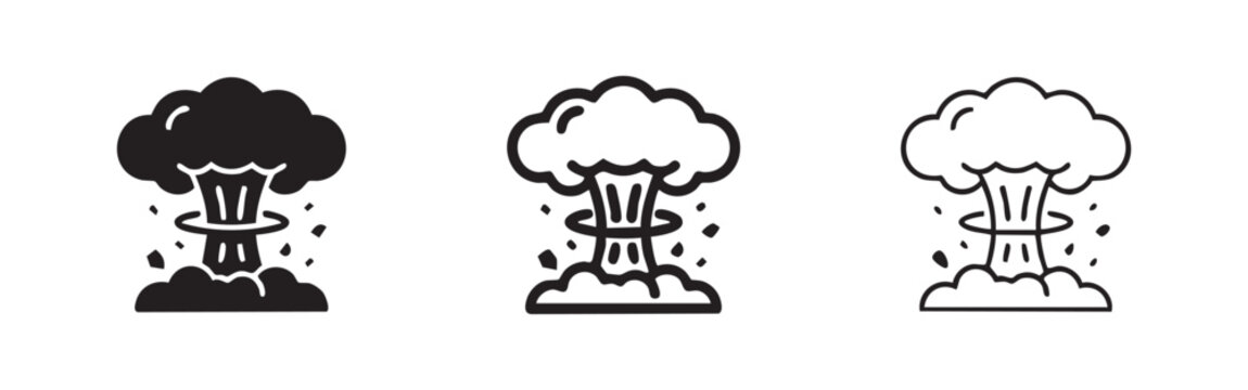 Nuclear explosion or mushroom cloud icon set. Atomic bomb and catastrophe symbol in solid, outline, and hand-drawn styles.