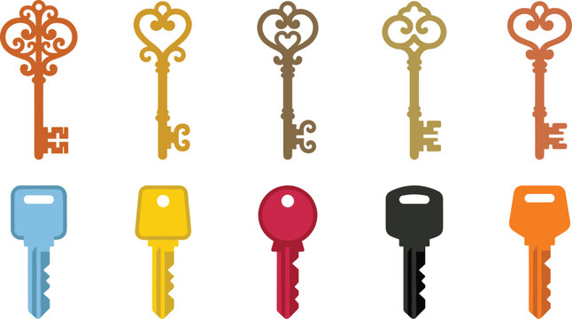 Vintage antique and modern key vector set featuring ornate filigree skeleton keys and colorful flat house key icons isolated on white background
