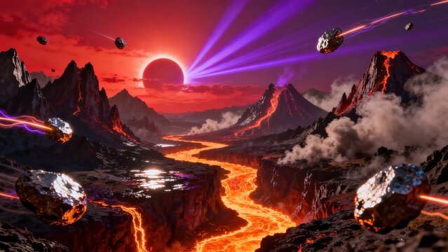 Volcanic landscape with asteroids
