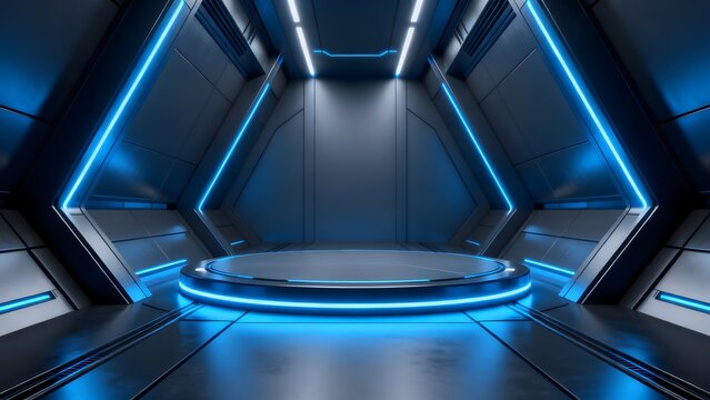 Futuristic corridor with blue neon lights