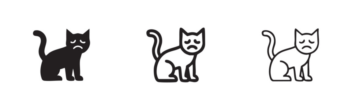 Sad cat icon set. Unhappy or depressed feline pet symbol. Animal emotions and veterinary care concept.