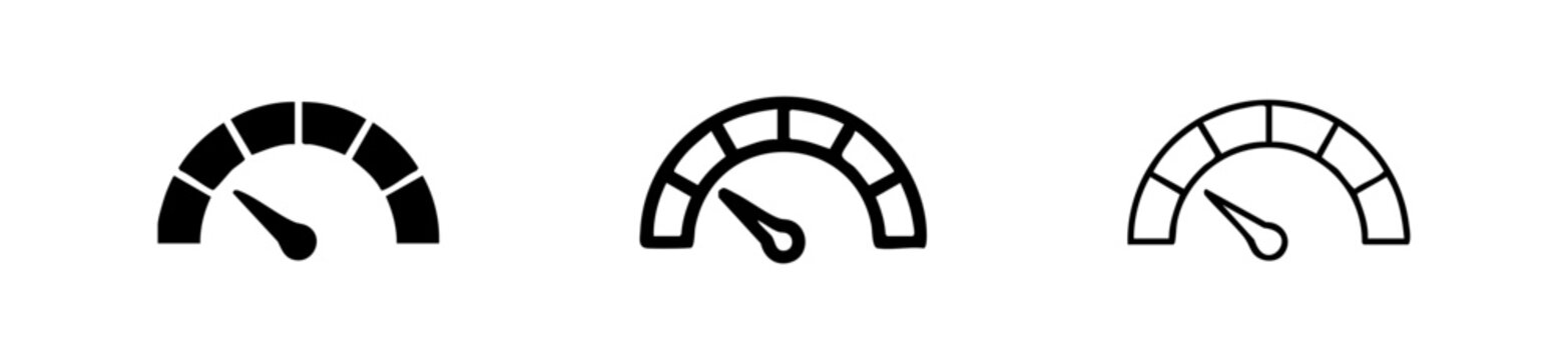 Speedometer or gauge icon set. Speed, performance, or measurement symbol. Indicator display for data.