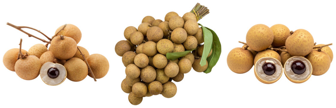 Three bunches of fresh longan fruit, one bunch with a leaf, and one cut in half showing the seed, isolated on transparent background