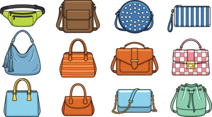 Women handbag and fashion purse vector set featuring trendy bags including fanny pack messenger crossbody clutch hobo satchel bucket and shoulder bag illustration © Suchana