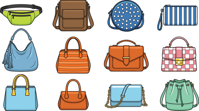 Women handbag and fashion purse vector set featuring trendy bags including fanny pack messenger crossbody clutch hobo satchel bucket and shoulder bag illustration
