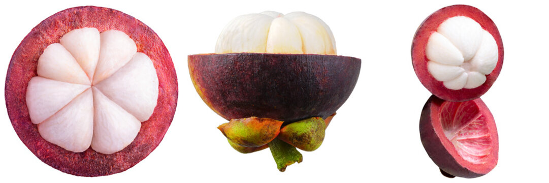 Three different views of a mangosteen fruit, whole and cut open, isolated on transparent background