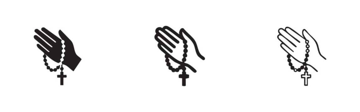 Praying hands holding a rosary and cross icon, depicting faith, religion, and spiritual devotion in three styles: solid, outline, and thin line.