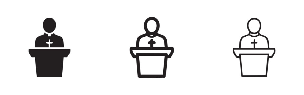 Priest preaching at pulpit icon, representing a religious sermon, worship service, and clergy in three styles: solid, outline, and thin line.