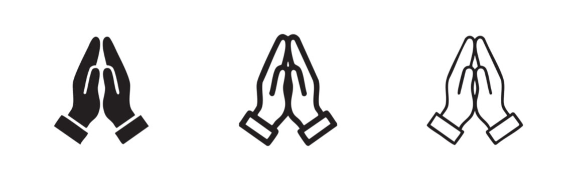 Praying hands icon, symbolizing meditation, devotion, and spiritual practice in three styles: solid, outline, and thin line.