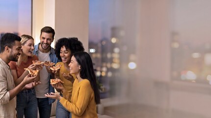 Obraz premium Friends eating pizza with copy space social gathering banner