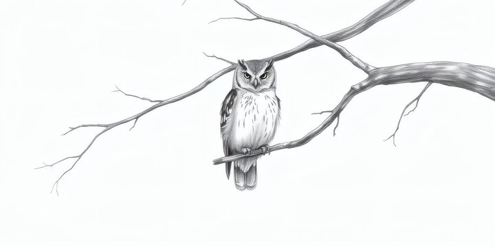 Realistic pencil sketch of a wise owl perched on a tree branch with detailed graphite shading, fine texture and professional wildlife illustration style.
