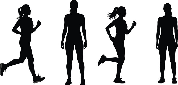 Set of black silhouettes featuring a fit woman in various running and standing poses for fitness, athletics, and healthy lifestyle designs