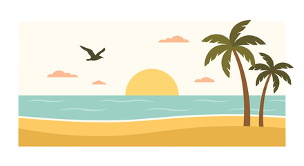 Obraz premium Tropical beach, palm trees, sunset, vector illustration, summer vacation, travel background