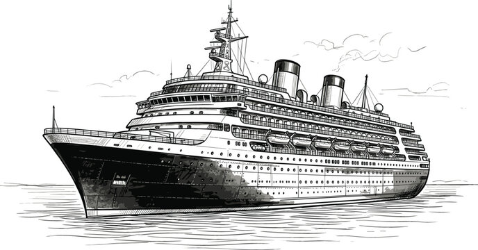 Vintage engraved cruise ship illustration with detailed ocean liner sketch retro vector artwork design