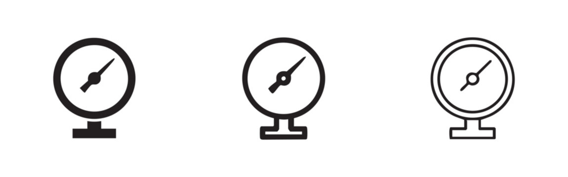 Set of pressure gauge icons: solid, outline with border, and simple outline.