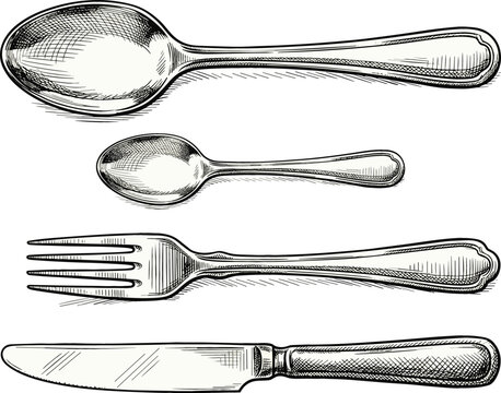 Vintage engraved cutlery collection with spoon fork and knife retro kitchen utensil vector illustration set
