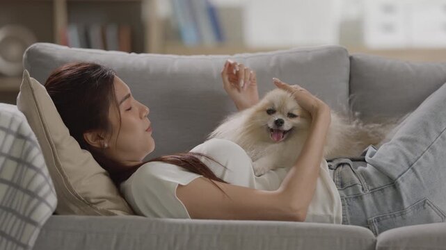 Happy woman relaxing on couch at home, sharing peaceful moment of love with her fluffy pomeranian dog. This perfect pet showcases true companionship and affection