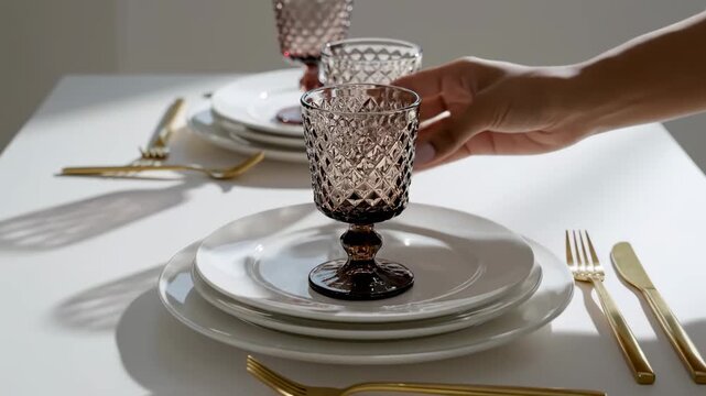 Close-up of a hand placing a brown textured glass goblet on a stack of white plates for a luxury table setting with gold cutlery.
