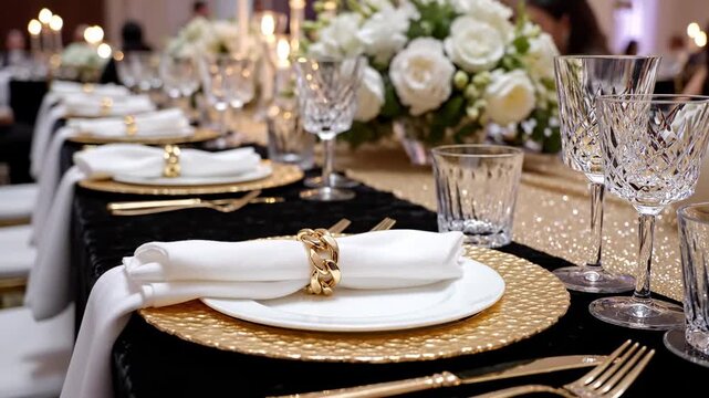 Elegant Wedding Table Setting with Gold Charger Plates, White Napkins with Gold Chain Rings, and Crystal Glassware on Black Velvet Tablecloth.